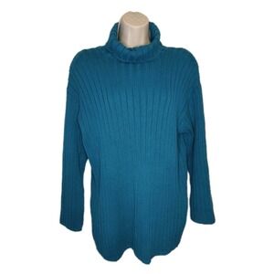 Liz Wear Teal Blue Vintage Knit Sweater Turtle Neck Pullover 100% Cotton Small